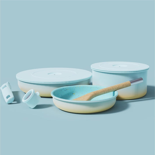 BytheTable Ombré Ceramic Titanium Non-Toxic, Nonstick Cookware Set 8-Piece Modular System with Removable Handle and Magnetic Lid, Magnetic Spatula, Eco-Friendly, Oven & Dishwasher Safe (Cataline Blue)