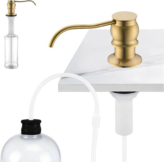 Built in Deck Mount Liquid Lotion Kitchen Countertop Metal Soap Dispenser, Brushed Gold Brass Dispenser Pump with 47.2" Silicone Long Tube for 0.79 "- 1.38" High Capacity Bottle Mouths