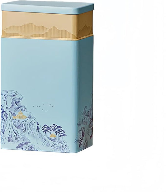 HAN SHENG Tea Canister, Airtight Storage Tin for Loose Leaf Tea & Bags, 8-Inch Decorative Metal Container with Oriental Mountain Design, Blue