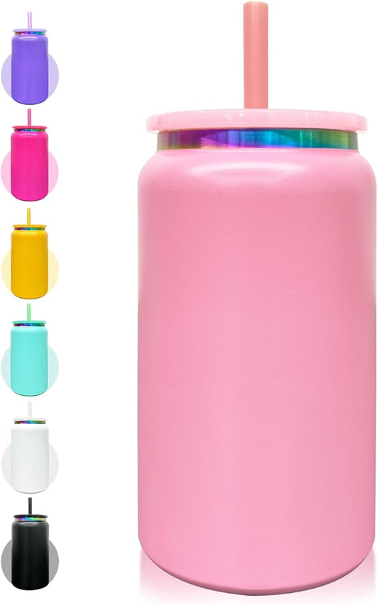 Glass Cups with Lids and Straws, 16 oz Stainless Steel Cups, Insulated Skinny Tumbler, Powder Coated Travel Mugs for Laser Engrave, Iced Coffee Cup for Smoothie Water DIY Gift (Pink,1 pack)