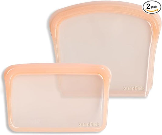 SnapPack Reusable Snack & Sandwich Bags, 2-Pack, 100% Pure Platinum Silicone, Dishwasher Safe, Heat‑Resistant, Freezer‑Safe and Sous‑Vide capable (Peach)