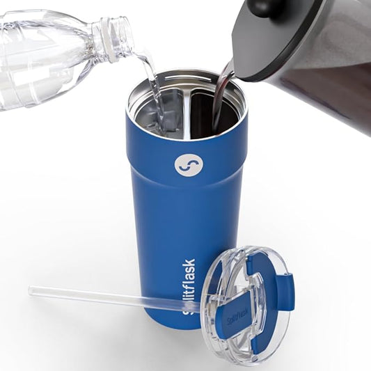 Splitflask 2-in-1 Dual Chamber Tumbler 30oz Hot & Cold Insulated Cup with Straw & Sip Lid, Leak Resistant Stainless Steel Travel Mug for Coffee, Water, Moms, Gym, Work, Car Cup Holder BPA-Free