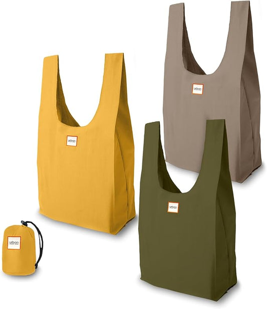 Urban Market Bags - Meadow - 3 Foldable Reusable Shopping Bags in 1 Compact Pouch, Luxury Quality, Recycled Fabric, Holds 50+ lbs, Machine Washable, Pouch Fits in Cupholder, Designed in California