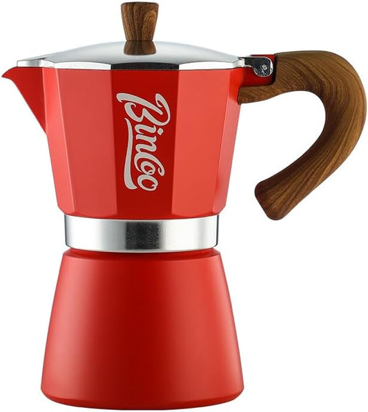 Bincoo Classic Italian Coffee Maker, Moka Pot 6 Cups, Espresso Maker Stovetop Espresso Moka Pot,Single Safety Valve (Red)