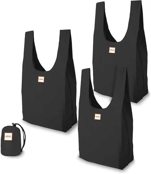 Urban Market Bags - Onyx - 3 Foldable Reusable Shopping Bags in 1 Compact Pouch, Luxury Quality, Recycled Fabric, Holds 50+ lbs, Machine Washable, Pouch Fits in Cupholder, Designed in California