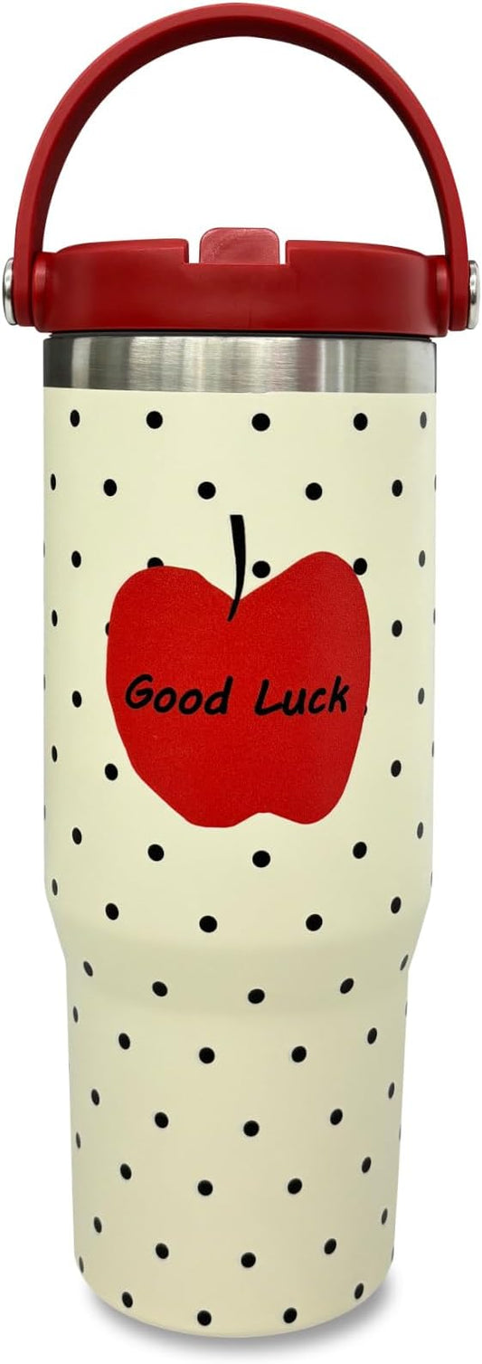 30 oz Tumbler with Handle and Straw, Vacuum Insulated Tumblers with Flip Straw and Top Handle, Leakproof Tumbler, Stainless Steel Travel Mug for Coffee Water, Cold for 20 Hours(Red Apple)