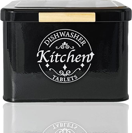 Dishwasher Pod Container with Hinged Lid. Farmhouse Metal Dishwaser Pods Holder for Kitchen Cabinet Organizer. Modern Kitchen Decor and Accessories. Dishwasher Detergent Tablet Storage (Black)