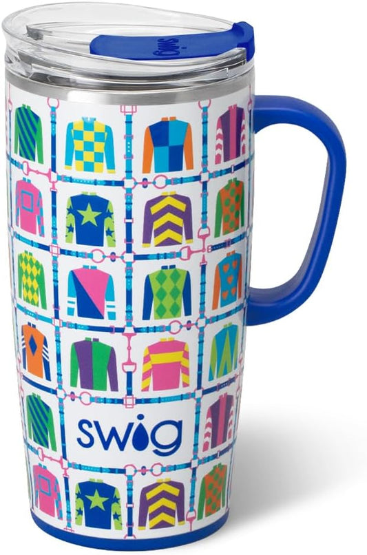 Swig Life 22oz Travel Mug, Insulated Tumbler with Handle and Lid, Travel Coffee Mug, Cup Holder Friendly, Stainless Steel 22 oz Tumbler, Reusable Insulated with Lid (Jockey Club)