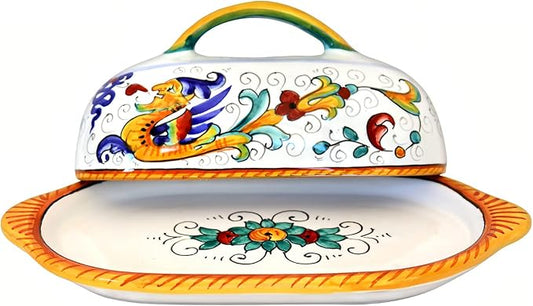Deruta Italy Raffaellesco Butter Dish | 1 Piece 8.5 x 4 x 4.5 Inch| Handcrafted & Handpainted Italian Ceramics | Authentic Pottery Handmade Kitchen Container Display Renaissance Art Home Decor Gift