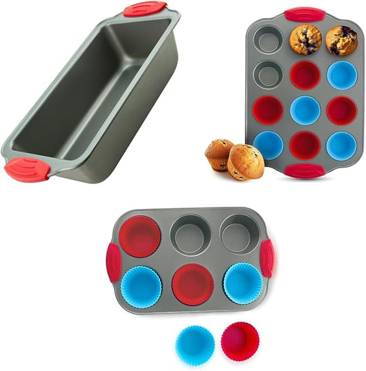 Premium Non-Stick Baking Set: Banana Bread Loaf Pan, 12 Cup Mini Muffin Pan with Silicone Liners, and Jumbo 6 Cup Muffin Pan - Professional Bakeware with Comfortable Silicone Handles