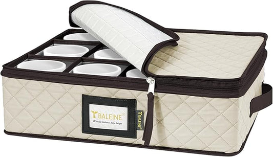 BALEINE China Storage Containers, Sturdy Quilted Wine Glass Storage, Plate Organizer with Carry Handles, Moving Boxes for Dishes, Cups, Mugs and Stemware (Mug Storage, Soft Shell Cream)