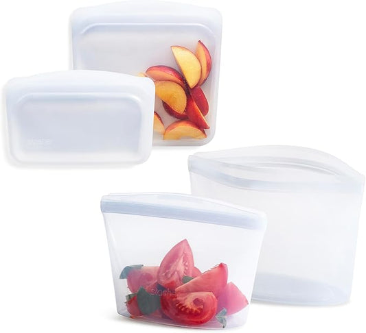 Stasher Silicone Reusable Food Storage Bags, 4-Pack, Reusable Freezer Bags, Microwave, Dishwasher, Oven Safe, Sous Vide, Premium Lunch Containers, Eco Friendly, Food-safe Silicone Snack Bag, Clear | Reusable Food Bags