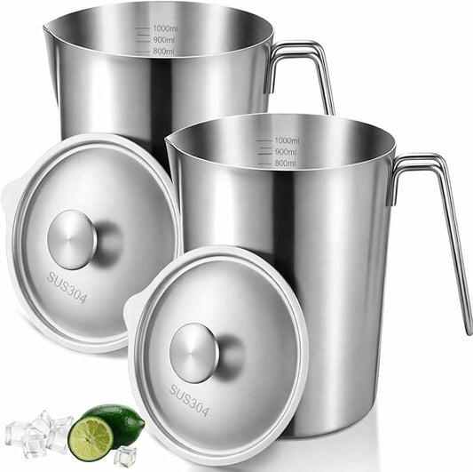 2 Pcs 1 L/32 oz Large Stainless Steel Pitcher with Lid, Metal Measuring Cup, Large Mouth Graduated Beakers with Handle, Milk Frothing Jug for Espresso Machine, Latte Art, Hot/cold Water