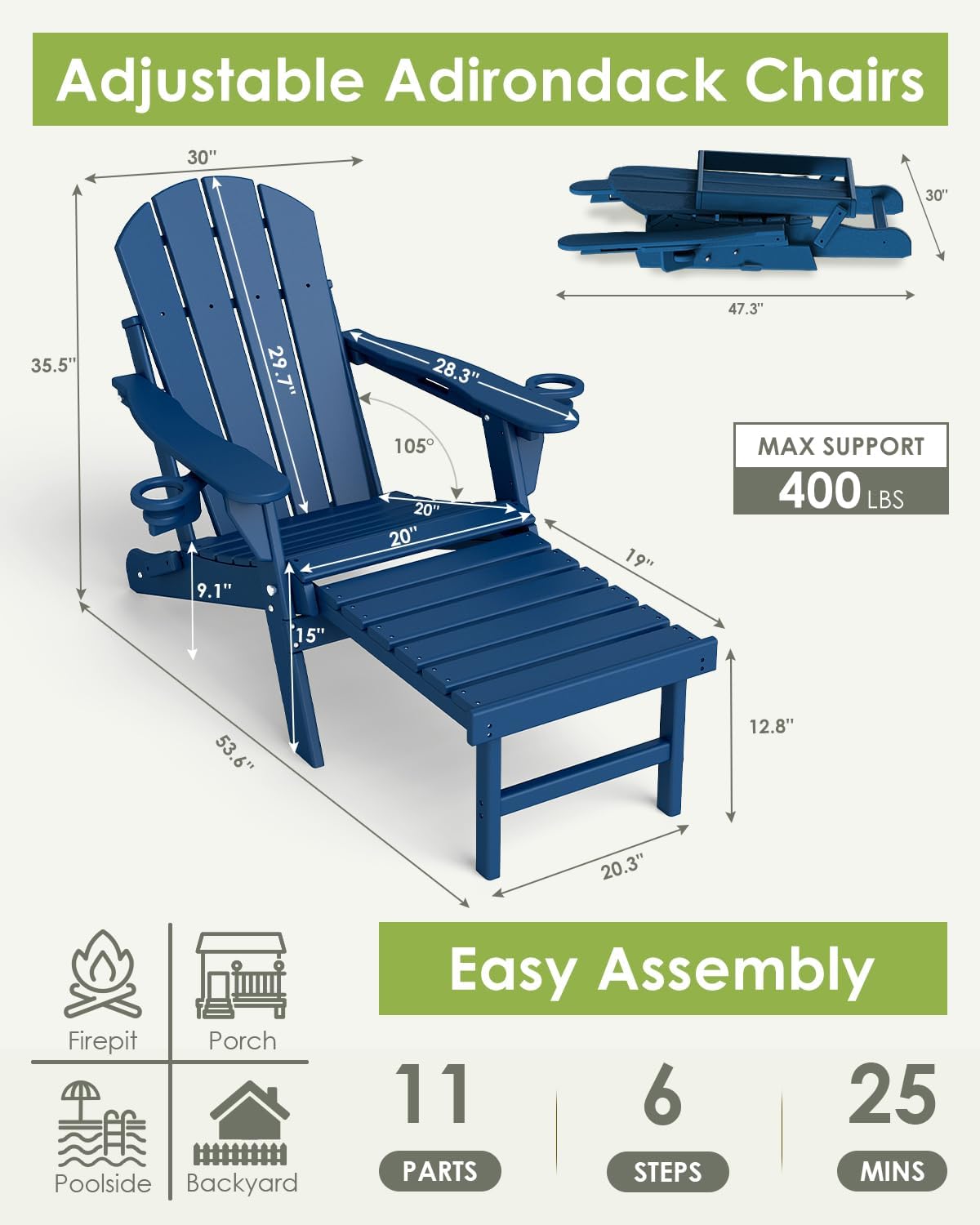 GREENVINES Adjustable Adirondack Chair with Retractable Ottoman Set of 2 | Folding | HDPE Plastic | Fire Pit Chairs w/Foot Rest | 2 Cup Holders | Blue | for Outdoor Patio Poolside Deck
