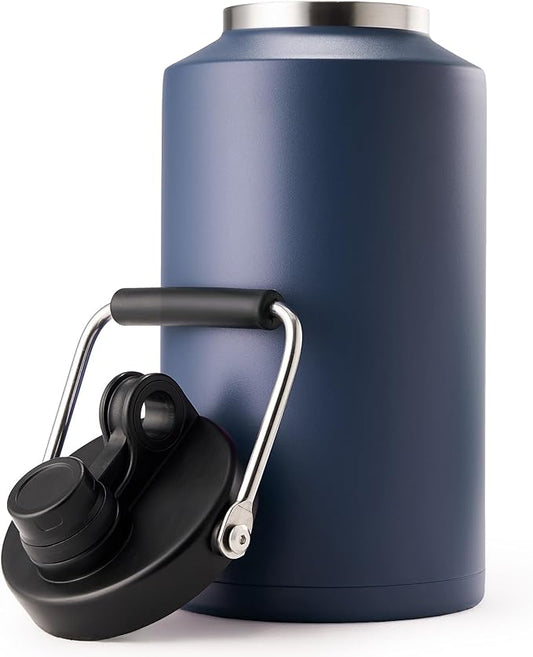 Kerilyn Insulated Gallon Jug with Handle, One Gallon, 128oz Stainless Steel, Large Double Vacuum Water Bottle for Hot & Cold Drinks, Wide Mouth, Sweat Proof, Great for Travel, Camping, Dark Blue