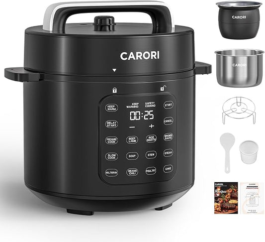 Carori Dual Pot Electric Pressure Cooker, 9-in-1 Multi-Cooker 6 Qt with 2 Inner Pots (Stainless Steel & Nonstick), 12 Programs, Slow Cook, Rice Cook, Steamer, Black
