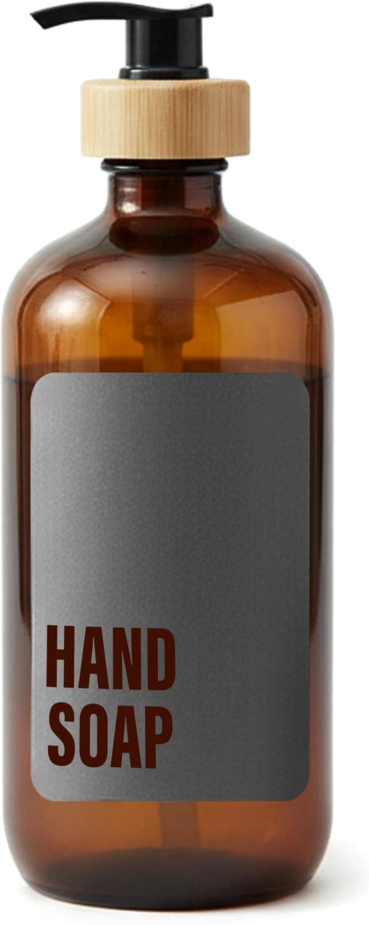 SAVVY & SORTED Amber Glass Hand Soap Dispenser for Bathroom, Kitchen Hand Soap Bottle with Label, Refillable Glass Bottle for Liquid Wash, Matching Dish Soap Dispenser Available, 17 Fl Oz / 500 ml