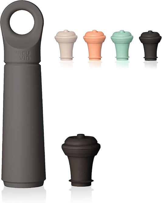 Vacu Vin Wine Saver Loop - Designed and Made in the Netherlands - Vacuum Wine Stopper Keeps Your Wine Fresh for up to 10 Days - Reusable, Made with 98% Recycled Material - 1 Pump, 5 Stoppers, Graphite