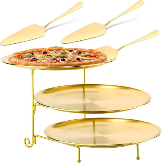 Domensi 7 Pcs Pizza Pan Riser Stands Sets Includes Tiered Tray Stand Stainless Steel Pizza Pan and Wood Handle Knife for Tables Party Restaurant (Gold)