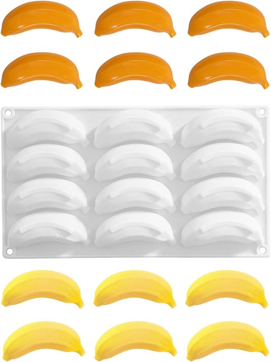 12 Cavity Silicone Banana Molds - Bananas Fruit Shaped Fondant Mold for Chocolate, Candy, Ice Cream, Mousse Cake, Soap, Resin, Lotion Bar, Ice Cube (Banana)