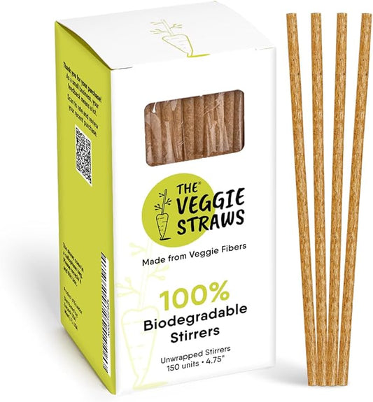 The Veggie Straws – 150 PCS of 4.75 Inches Unwrapped Biodegradable Drink Stirrers – Made of Vegetable Fibers, Best Cocktail Stirrers for Drinks of All Kinds