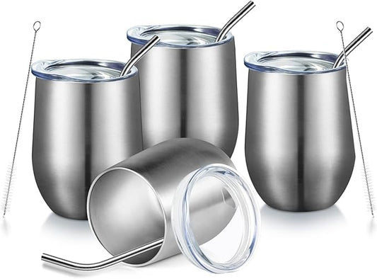 COMOOO 12oz Insulated Wine tumbler with Lid, Stainless Steel Stemless Wine Tumbler Glass,Double Wall Vacuum Wine Tumbler Cups with Straw for Coffee, Cocktails,Beer,Champaign Silver, 4 Pack