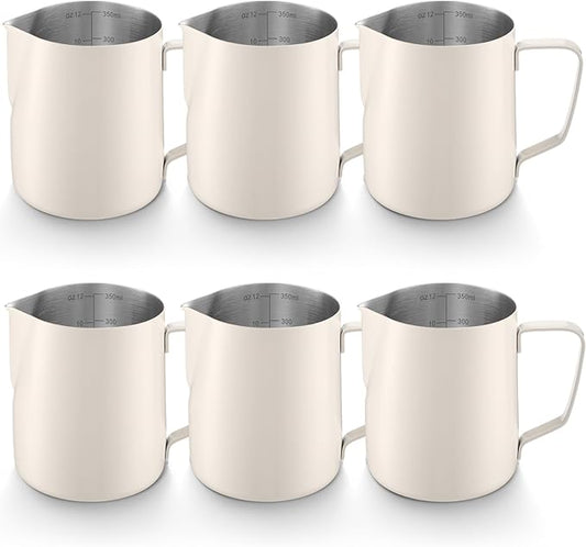 Honeydak 6 Pcs Milk Frothing Pitcher 304 Stainless Steel Steaming Pitchers for Coffee Bar Cappuccino Barista Tools Milk Jug Steamer Frother Cup (12 oz,White)