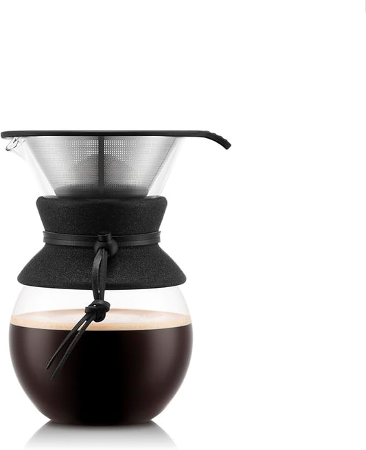 Bodum 34oz Pour Over Coffee Maker, High-Heat Borosilicate Glass with Reusable Stainless Steel Filter and Black Cork Grip - Made in Portugal