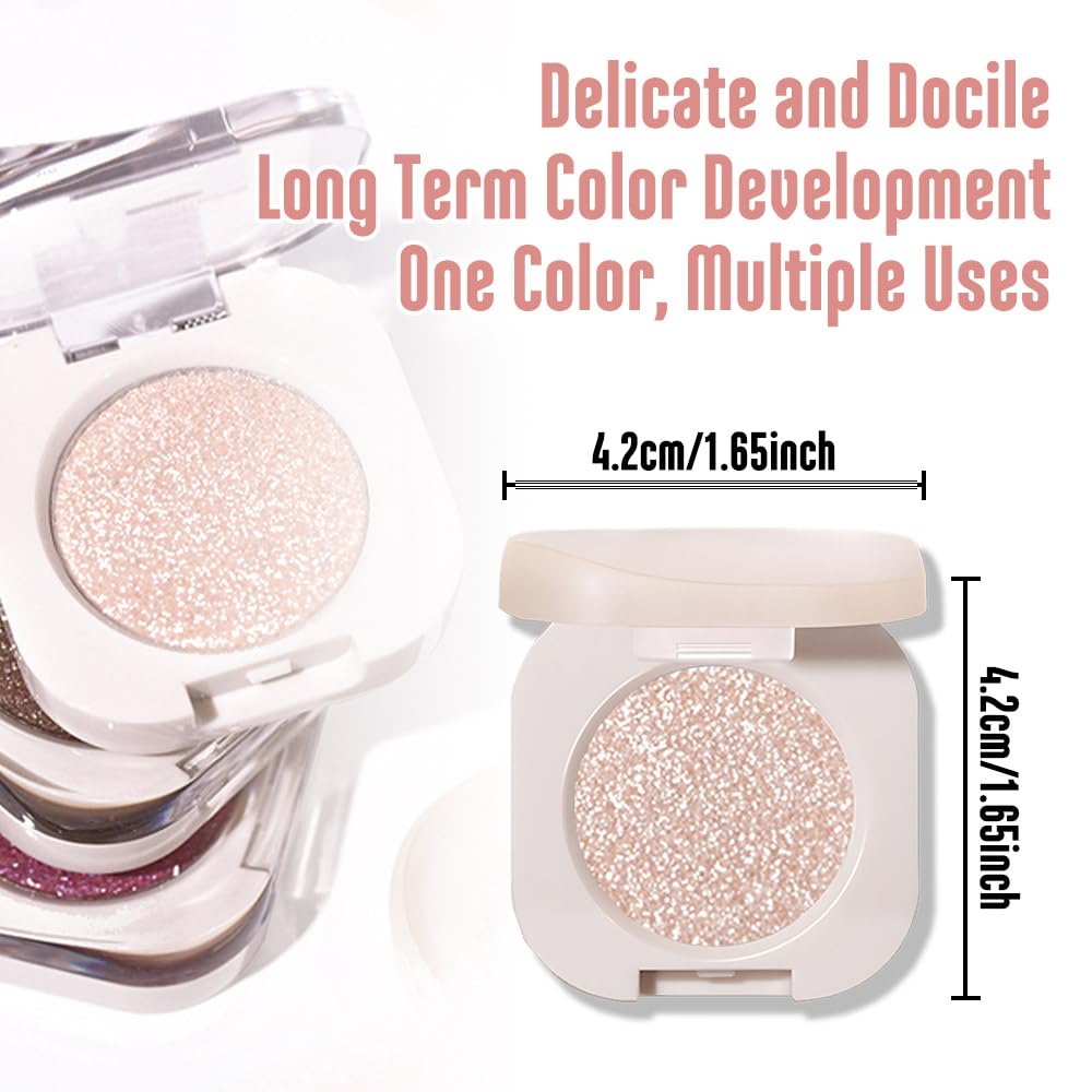 Monochrome Glittler Shimmer Eyeshadow Palette,Light Brown White Shimmer Powder Eyeshadow,24 Hour Waterproof Blendable Pressed Glitter Single Eye Shadow Apply Makeup Easily, Vegan