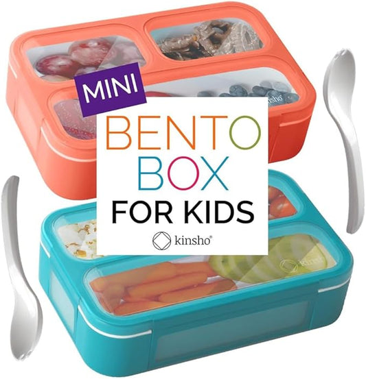 Small Snack Containers for Kids Toddlers - 3 Compartments (Set of 2) - Leak-Proof Reusable Boxes with Lids -BPA-Free Plastic Mini Bento Lunch Box - Ideal for School, Daycare, Holds 2 Cups (Coral+Blue)