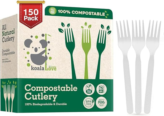 100% Compostable Forks 150 Large biodegradable forks Disposable Compostable Cutlery Silverware Utensils durable and heat resistant alternative to plastic forks with convenient tray by KOALALOVE