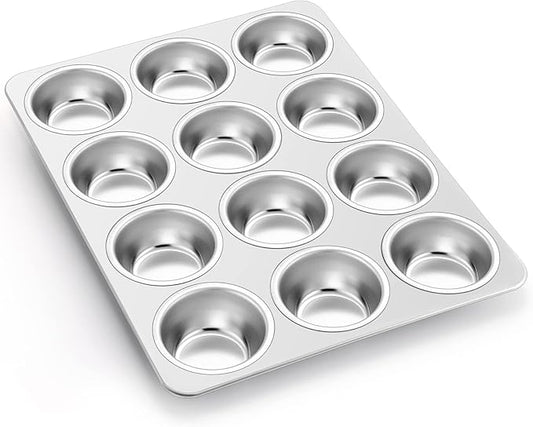 P&P CHEF Muffin Pan Cupcake Baking Pan Set, Stainless Steel Muffin Tin Tray for Mini Cake Tart Quiche, Oven & Dishwasher Safe, Non-toxic & Heavy-duty, (12 Cup, 1Pc)