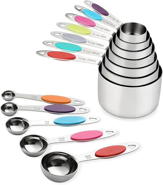 Magnetic Measuring Cups and Spoons Set, 12 Piece Stainless Steel Measuring Cups and Spoons Set, Nesting Kitchen Gadgets with Removable Clasp for Cooking & Baking (Colorful)