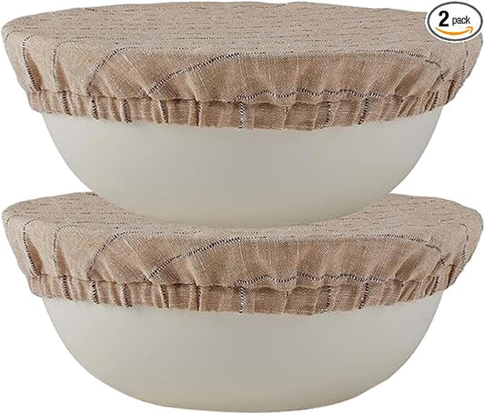 100% Pure Linen Bowl Covers For Bread Proofing, 2 Pcs 12 Inches Elastic Reusable Bowl Covers Large Ticking Striped Cloth Fabric Stretch Sourdough Lids
