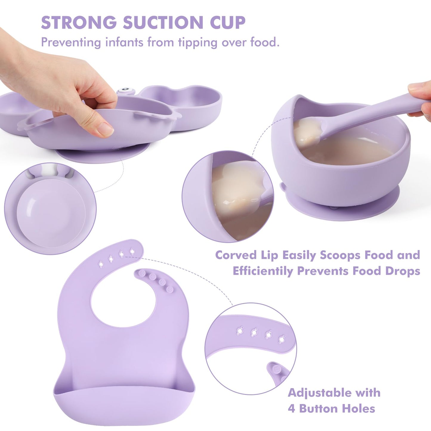 mraisebossup Silicone Baby Feeding Set 15 Pcs，Baby Spoons Suction Bowl Divided Plate Bib Cup Finger Brush Teething Teether Training cups,Baby Led Weaning Supplies（purple）