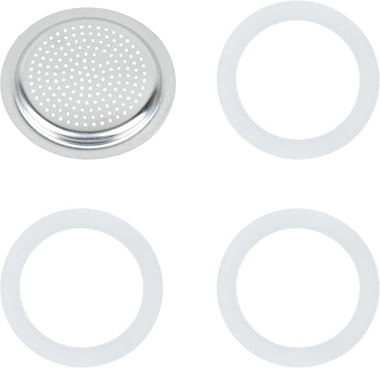Silicone Sealing Ring Aluminum Replacement Filter 1 Cup For Stove Top Espresso Maker Replacement Filler Parts Set Includes 1 Filter and 3 Upgraded Silicone Fings