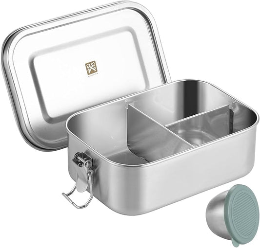 GOLDEN KEY Stainless Steel Bento Box for Kids - 27oz/0.8L, BPA Free Leakproof Lunch Box with 3 Compartments, for School & Eating Out, Freezer & Dishwasher Safe(Green)