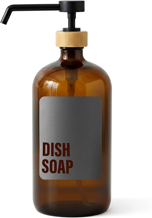 SAVVY & SORTED Amber Glass Dish Soap Dispenser for Kitchen Sink 1 Liter, Large Kitchen Soap Dispenser Set with Permanent Label, Refillable Glass Bottle for Dish Washing Liquid, 34 Fl Oz