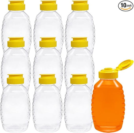 Skywin TidyFriend Honey Bottles 24 oz – 10 Pack Empty Honey Squeeze Bottle with Flip Lid & Seal, Clear Plastic Beehive Design, PET Containers