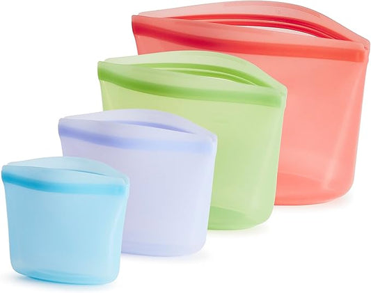 Stasher Silicone Reusable Storage Bags, 4-Pack, Reusable Freezer Bags, Microwave, Dishwasher, Oven Safe, Sous Vide, Premium Lunch Containers, Eco Friendly, Food Storage Bags, Snack Bags, Multicolor | Reusable Food Bags