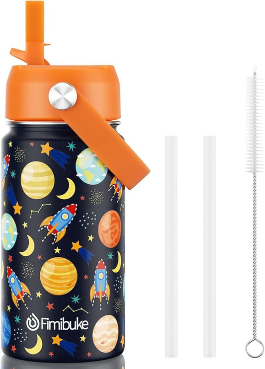 Fimibuke Kids Insulated Water Bottle, 14oz BPA FREE 18/8 Stainless Steel Travel Tumbler Double Wall Vacuum Leak Proof Kids Cup with Straw Metal Water Bottle for School Boys Girls(1 Pack, Space)