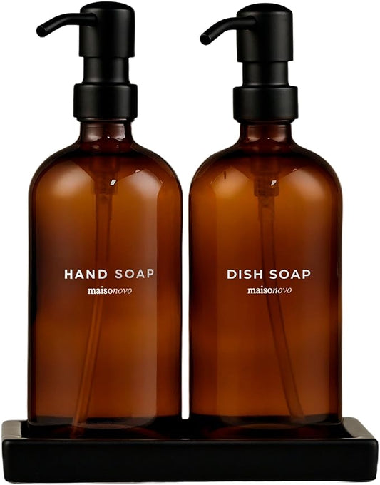 Maisonovo Kitchen Soap Dispenser Set - Hand and Dish Soap Dispenser Set with Amber Glass Soap Dispenser, Black Pumps & Ceramic Tray