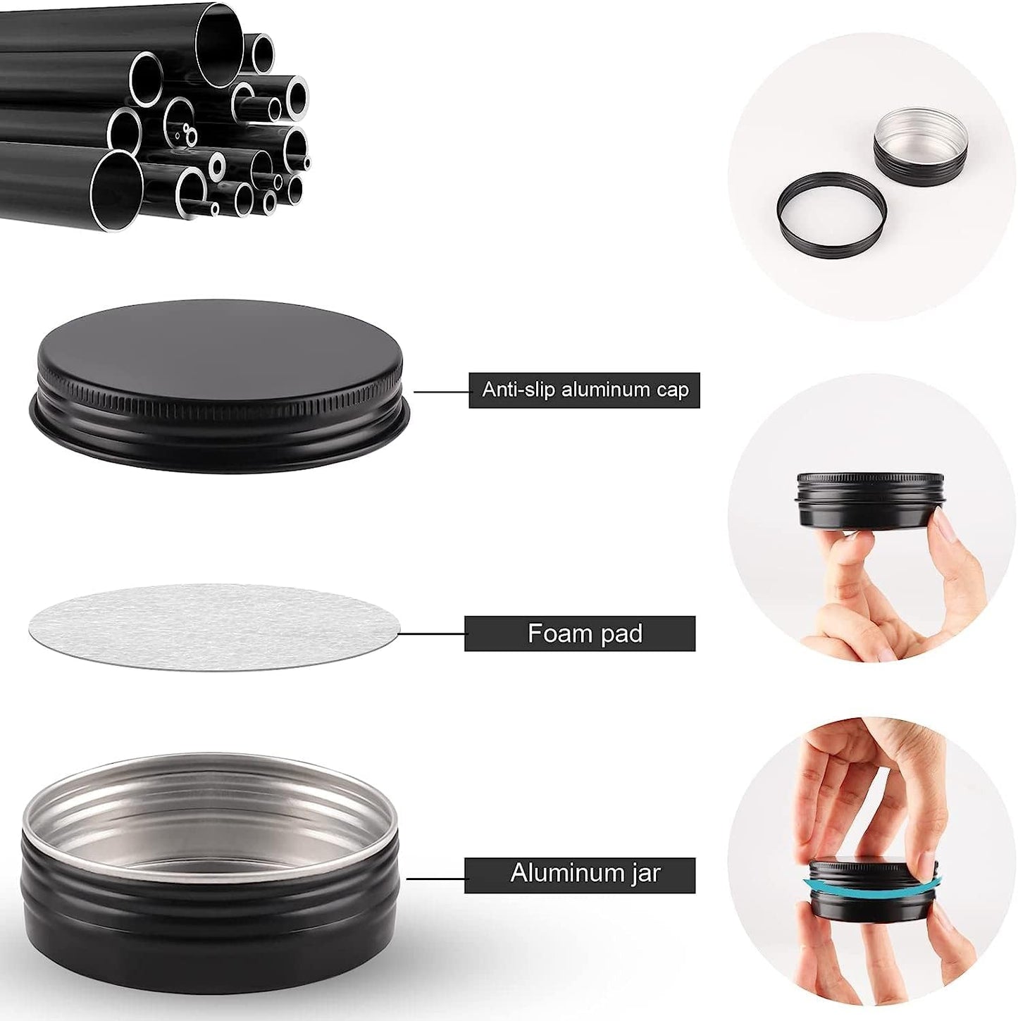 96 Pack Round Cans with Screw Lid 2 Oz Aluminum Metal Tins DIY Food Candle Containers for Lotion Bars, Balms, Salve, Spices, Beard Balm, Crafts with 4 Markers 3 Sheets Label Stickers (Black)
