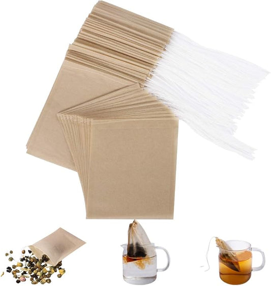 Aksuaple Eco-Fil Disposable Tea Filter Bags for Loose Tea, Wood Pulp Material, Biodegradable and Compostable, Unbleached Empty Tea Infuser Sachets with Drawstring, 100 Pack (3.2inch x 4.0inch)