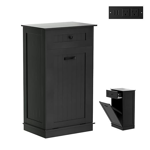 13 Gallons Tilt Out Trash Cabinet Hidden Trash Can Cabinet with Power Outlet, Pet Proof Garbage Can Cabinet with Storage for Kitchen,Living Room
