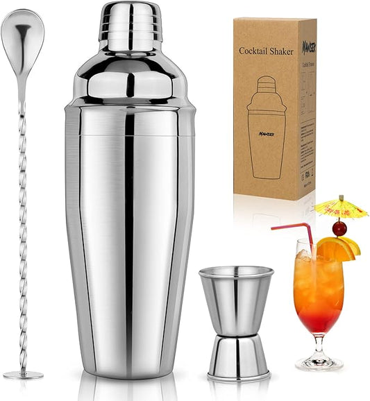 24oz Cocktail Shaker Set Martini Shaker Set Bartender Set with Margarita Mixer Drink Shaker, Measuring Jigger and Mixing Spoon - Professional 18/8 Stainless Steel Bar Tools for Mixed Drinks