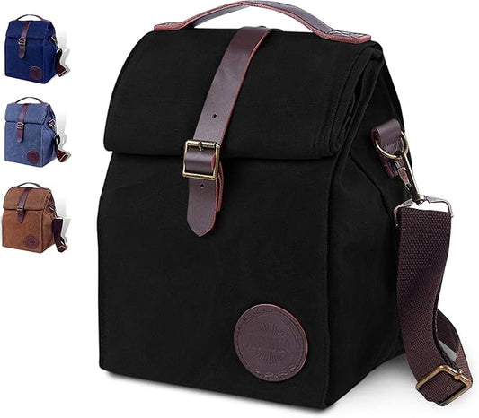 ASEBBO Insulated Lunch Bag for Women & Men - Reusable & Leak Proof Lunch Box Cooler Bag for Work, Beach, Travel for Adults with Shoulder Strap - Waxed Canvas (Black) - Reusable Bag