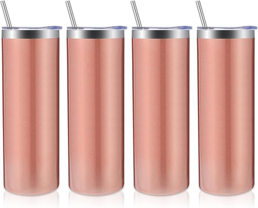 Volhoply 4 Pack Skinny Tumblers with Lid and Straw, 20oz Stainless Steel Straight Tumbler Bulk, Vacuum Insulated Coffee Mug for Home, Office, Travel, DIY (Rose Gold,4 Pack)