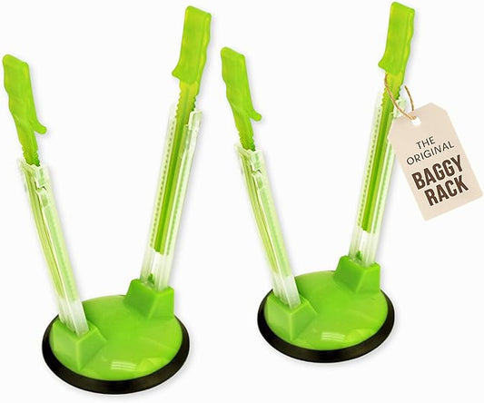 Jokari Adjustable Baggy Rack Stand 2 Pack Hands Free Food Storage Bag Holder Stand for Freezer and Sandwich Bags Clip Stand for Pouring Leftovers or Drying Reusable Ziploc Bags
