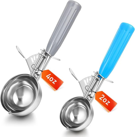 Reallnaive 2 Pcs Release Cookie Scoops Ice Cream Scooper with Trigger Release Portion Scoop Stainless Steel for Portion Control, Baking Food, Cookie Dough (2 Oz+4 oz,Blue and Gray)